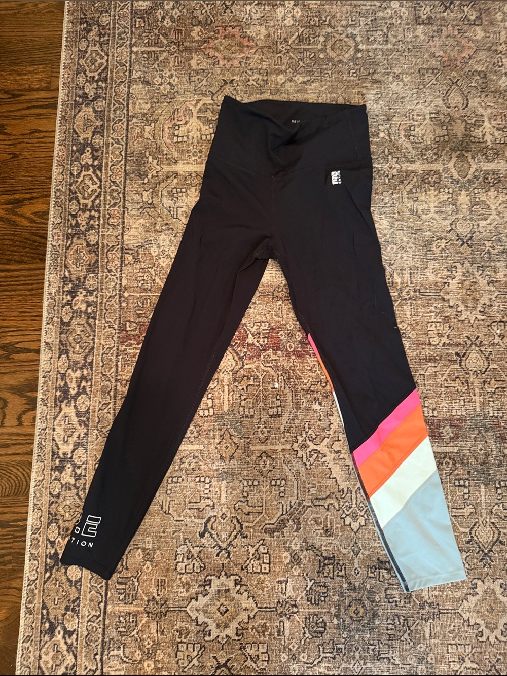 P.E Nation Black Leggings with Pink, Orange & Light Gray Colorblock